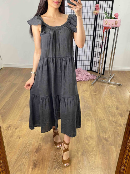 Xana Ruffle Sleeve Tiered Linen Dress