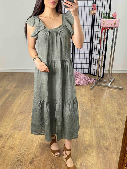 Xana Ruffle Sleeve Tiered Linen Dress