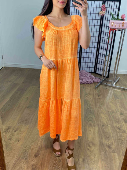 Xana Neon Ruffle Tiered Linen Dress BowsBoutiques Xana Neon Ruffle Tiered Linen Dress BowsBoutiques