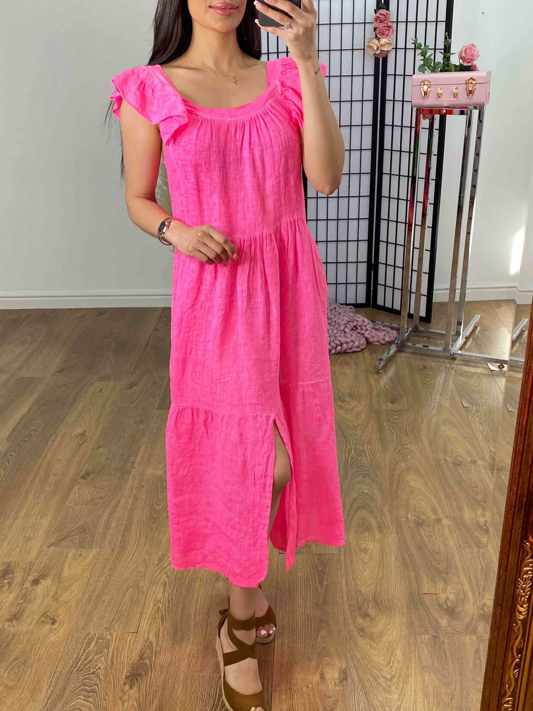 Xana Neon Ruffle Tiered Linen Dress
