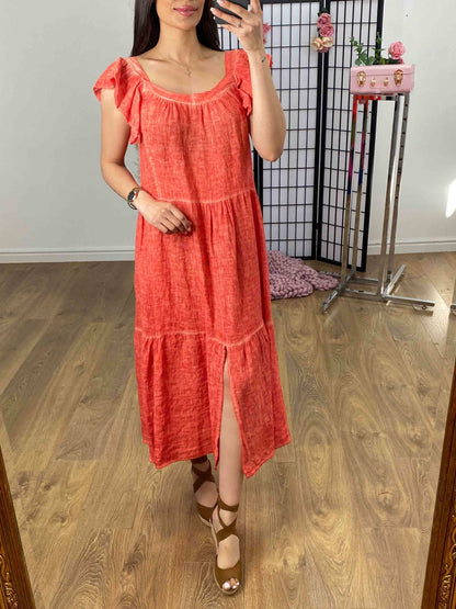 Xana Ruffle Sleeve Tiered Linen Dress