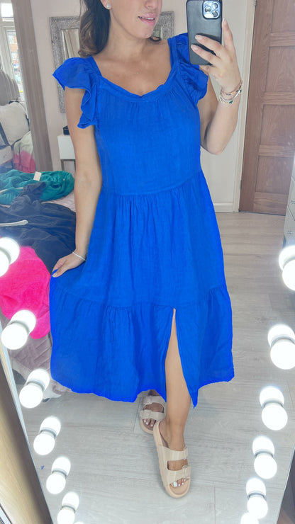 Xana Ruffle Sleeve Tiered Linen Dress