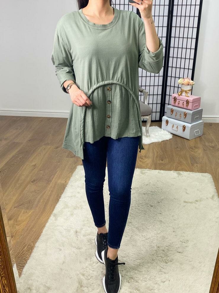 Yaxa Cheesecloth Panel Front Drawstring Sweatshirt