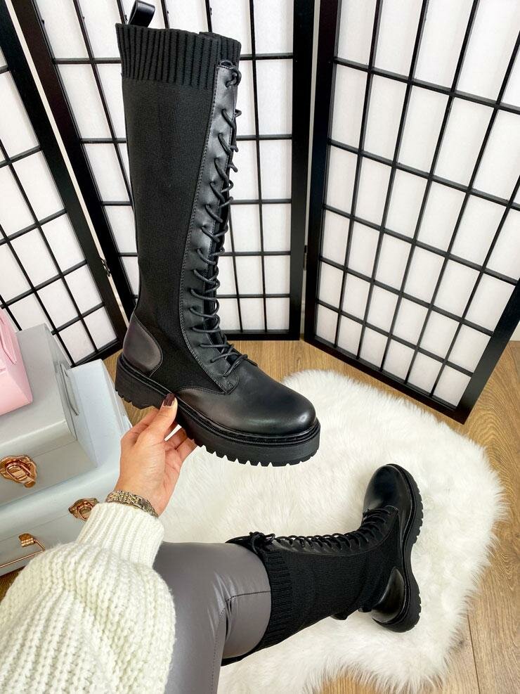 Yazmin Black Faux Leather Lace Up Midi Sock Boots