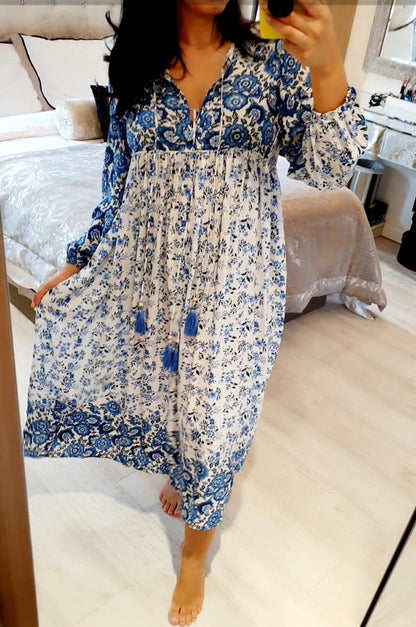 Zacky Tassel Floral Navy Blue Printed Floaty Midi Dress