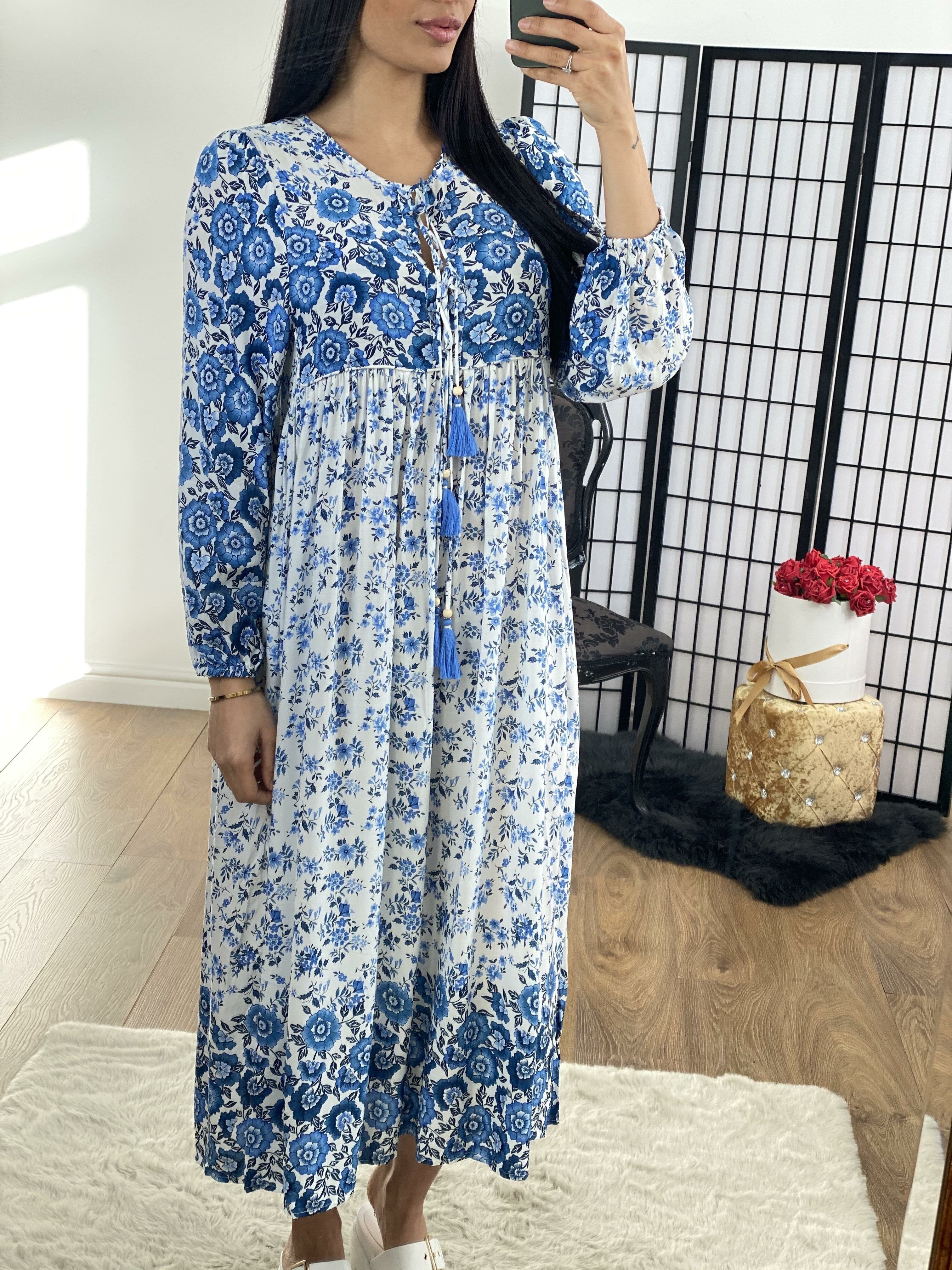 Zacky Tassel Floral Navy Blue Printed Floaty Midi Dress