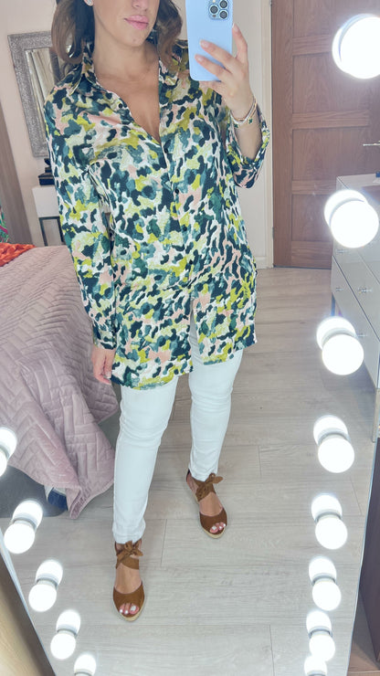 Zandra Satin Smudge Print Shirt Tunic