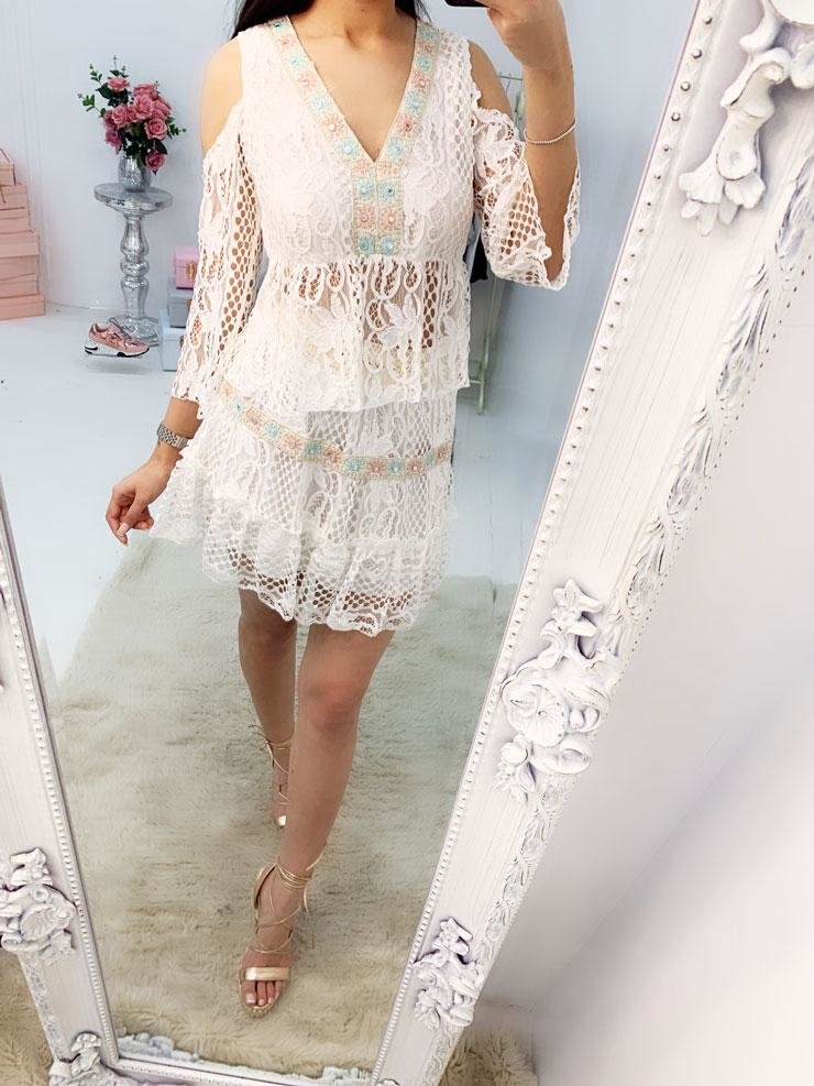 Zarish Cold Shoulder Crochet Detailed Skirt Co-ord Set