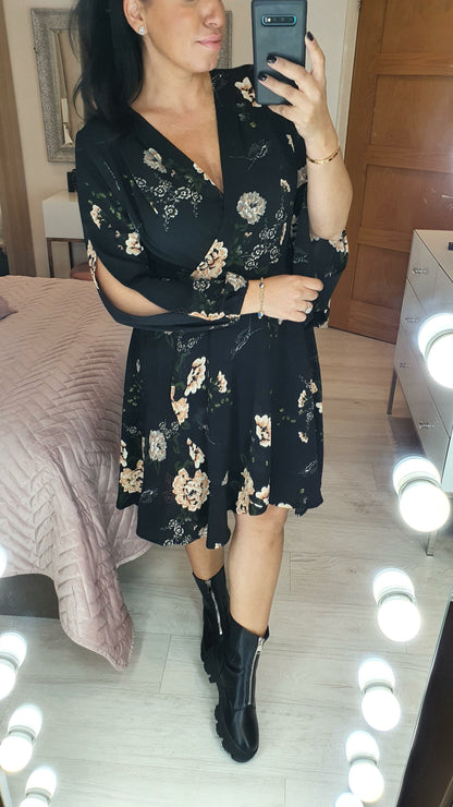 Zarissa Floral Print Frill Dipped Hem Wrap Tie Dress