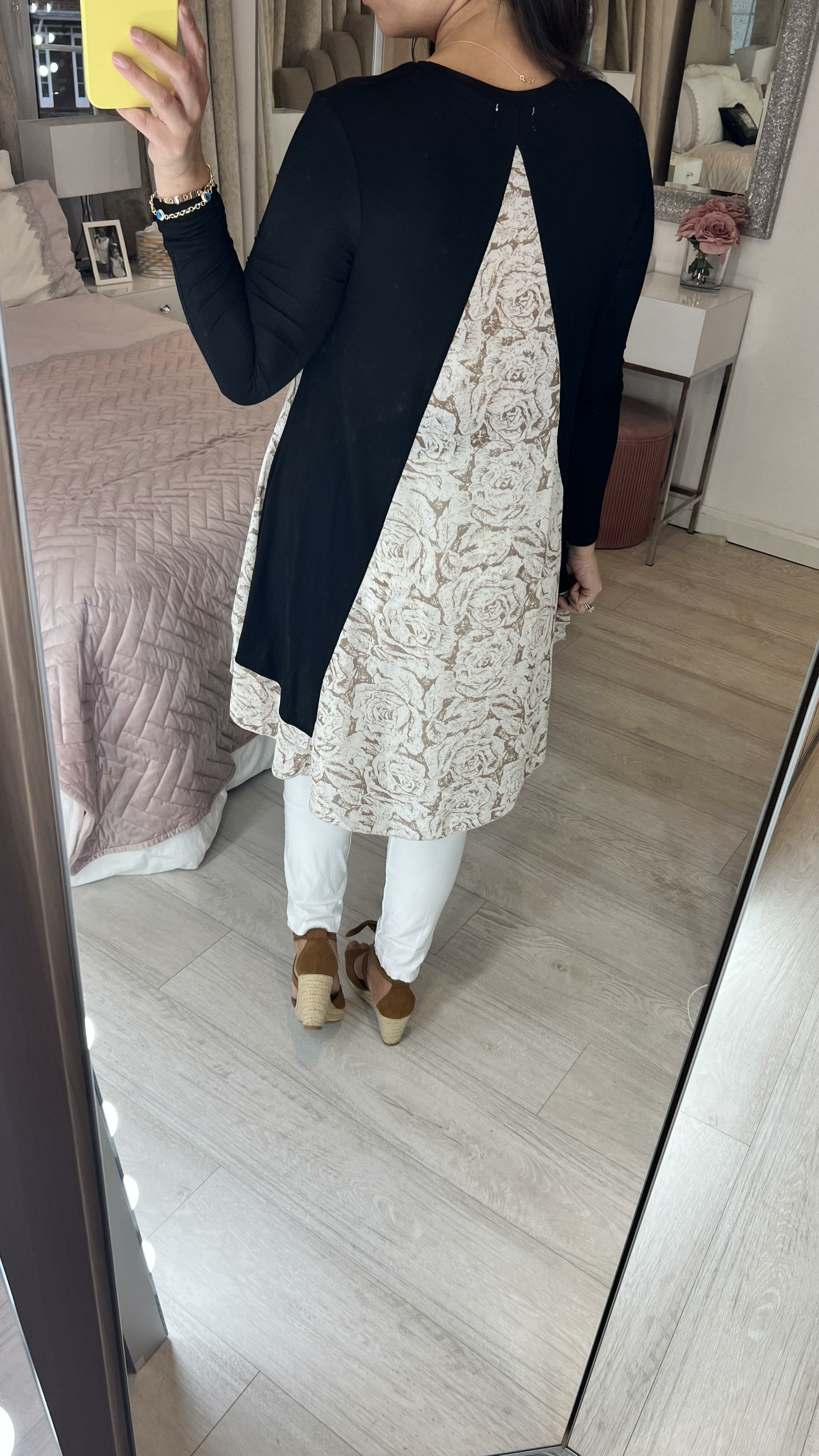 Zayn Rose Print Chiffon Back Detailed Dip Hem Top